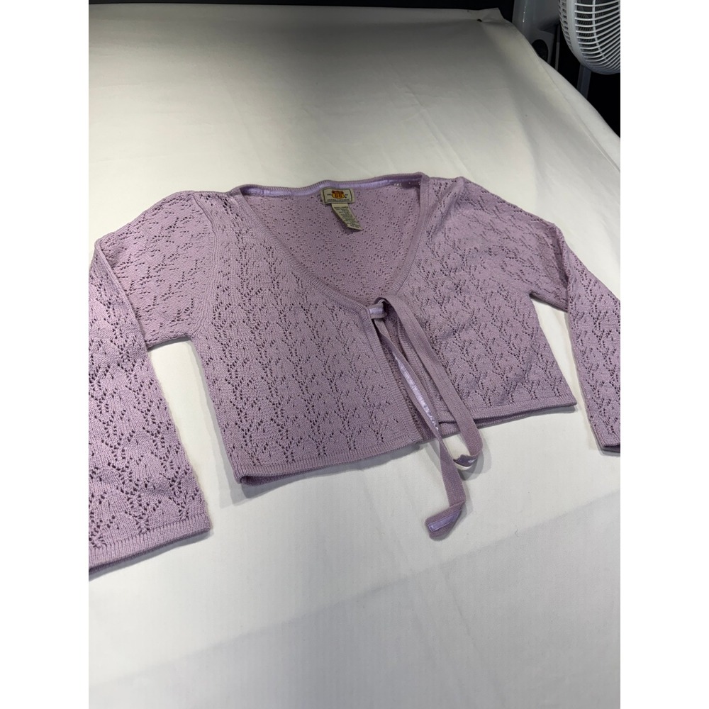Route 66 Lavender Pointelle Knit Cropped Bolero Tie Front Cardigan Bolero Small